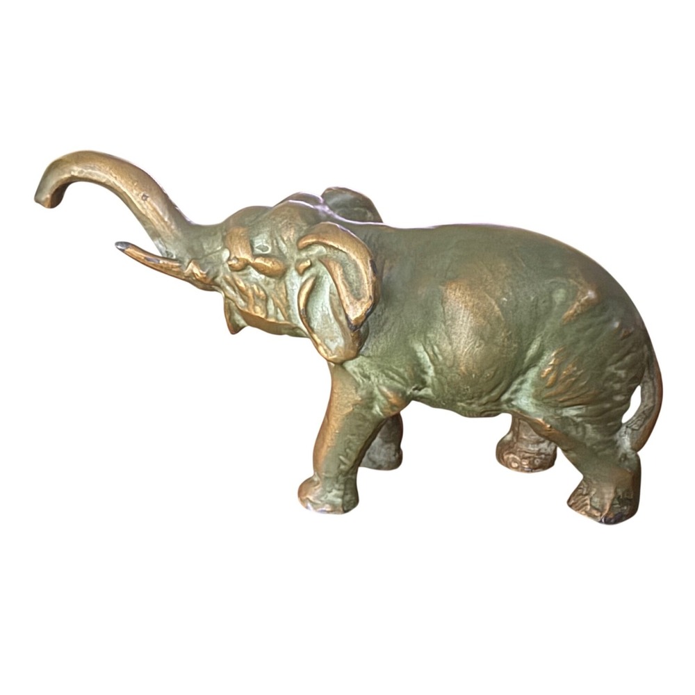 Vintage Solid Brass Elephant Figurine Trunk Up Good Luck Verdigris Patina 4in